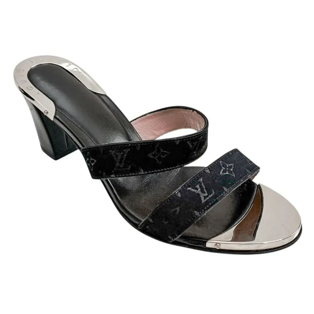 Louis Vuitton Monogram Fabric Mule Slide Sandals Block Heel EU 36 US 6 Authentic
